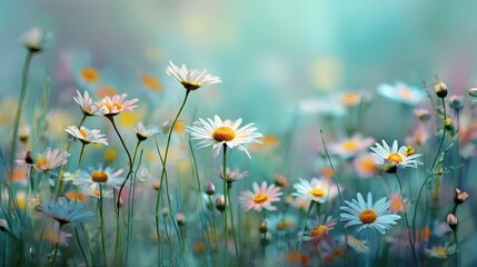 Closeup of a field of daisies and other wildflowers in bloom