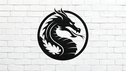 Black dragon emblem on a white brick wall creates a bold and striking visual statement design idea