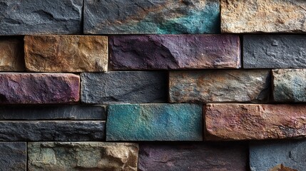 Abstract stone wall texture with varying colors and natural formation representing rustic architecture or interior design elements captured under soft lighting