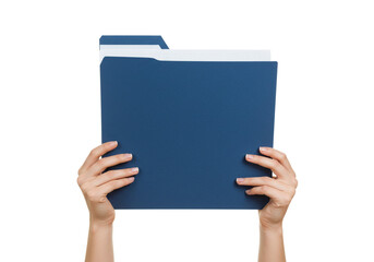 Hands holding a blue file folder, perfect for presentations, documents, and business reports