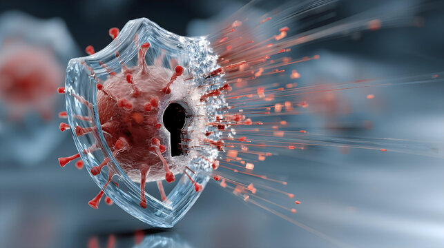 protection virus ,  A powerful, semi-transparent blue firewall, blocking an incoming barrage of chaotic red data streams, cybersecurity and network protection concept 