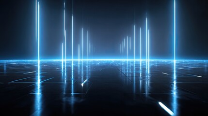 Neon blue light pillars on a dark reflective surface