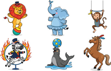 Vector illustration of funny circus animals including lion, elephant, monkey, zebra, seal, horse performing tricks in colorful cartoon style.