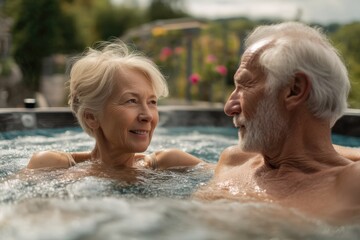Fototapeta premium Senior couple smiling and enjoying relaxation in an outdoor hot tub, symbolizing love, companionship, leisure, wellness, vacation lifestyle, and spa advertising for travel and resort projects
