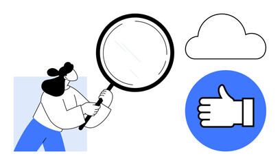 Woman holding a magnifying glass, cloud symbol, and thumbs-up icon illustrating analysis, approval, data review, feedback, cloud technology, digital marketing problem-solving. Ideal for business