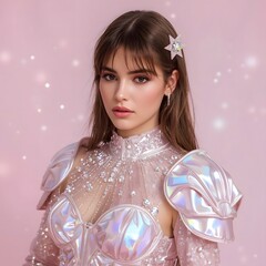 Beautiful young woman in a fantasy glowing outfit with pearly details on a pink background. Fashion, fairytale style, and creative photoshoot.