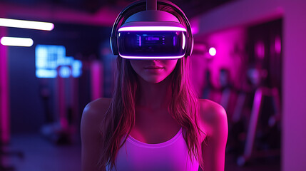 A person wears a glowing virtual reality headset in a modern neon lit gym setting. This immersive technology enhances future fitness experiences.