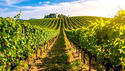 Fototapeta premium Sunny Vineyard Rows with Hillside Landscape.