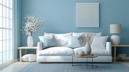 Fototapeta premium Contemporary room in soft blue palette with white sofa abstract wall art and simple side table layout