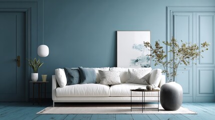 Contemporary room in soft blue palette with white sofa abstract wall art and simple side table layout
