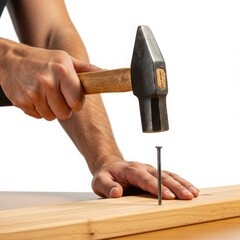 Man hammering nail into wooden plank