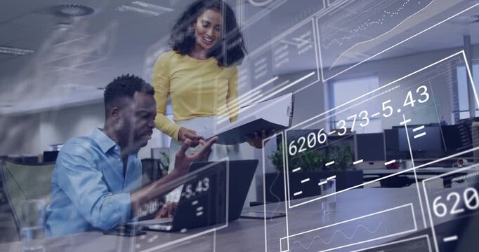 Coworkers reacting to appearing business data panels comparing pages and graphs for data accuracy