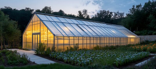 Obraz premium Illuminated greenhouse at dusk for growing plants and vegetables with garden and trees in the background