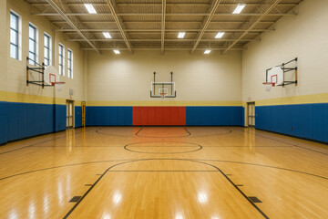 Empty school gymnasium with polished wooden floor and basketball hoops. Represents physical education, sports, student activity, and indoor athletic spaces.