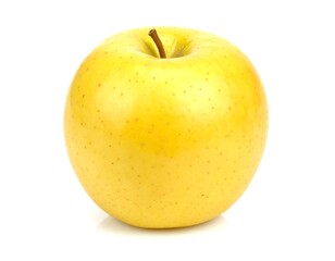 Golden apple standing upright with a small stem on a white surface