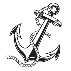 Classic black and white anchor with a thick rope wrapped around its shank and crown