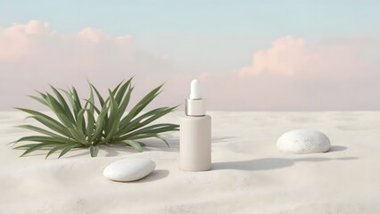 Mockup cosmetic spray on a light background with green leaves, stones and pink clouds.