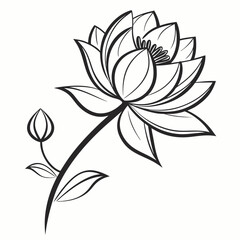Fototapeta premium Elegant black and white line art illustration of a blooming lotus flower with a bud and leaves