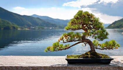 serene bonsai tree on stone surface with lush mountains and calm water in background