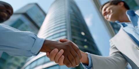 Businessmen shaking hands in urban setting with skyscrapers