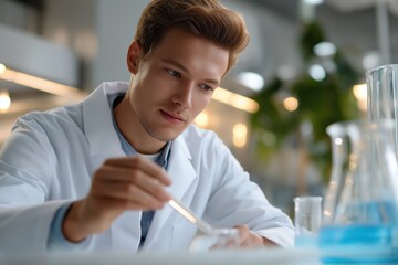 Young caucasian male scientist in laboratory conducting experiment