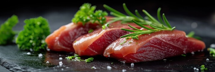 Fresh tuna sashimi with herbs and seasoning on slate plate