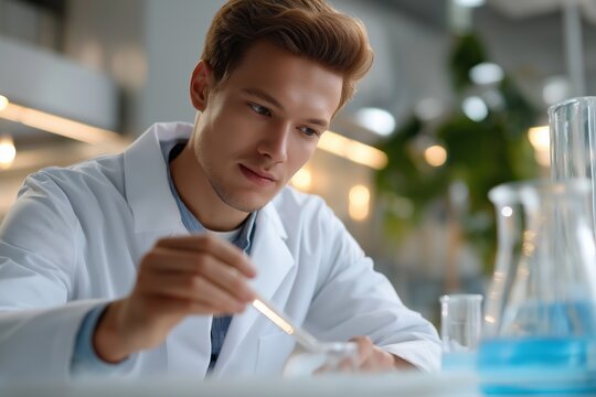 Young caucasian male scientist in laboratory conducting experiment