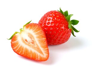 Ripe strawberries displayed showing cut half on white surface