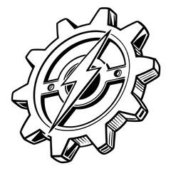 Stylized black and white gear with a lightning bolt symbolizing power and industry