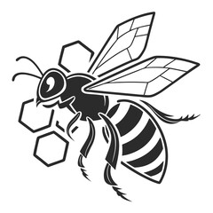 Stylized black and white illustration of a bee flying near honeycomb segments