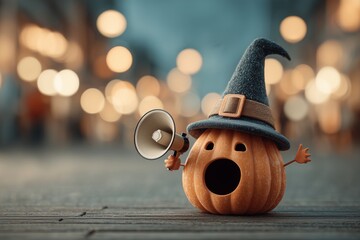 A whimsical pumpkin wearing a witch's hat, joyfully holding a megaphone.