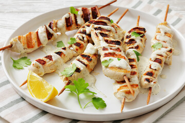Greek style grilled chicken souvlaki on a plate