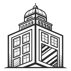 Stylized black and white illustration of a modern building with a dome and multiple windows