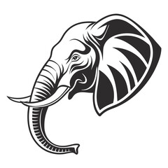 Stylized black and white illustration of an elephant head with tusks and trunk curled