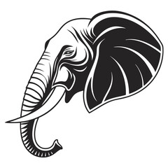 Stylized black and white illustration of an elephant head with tusks and large ears