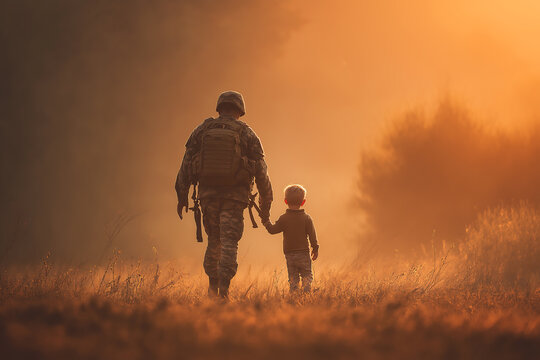 Soldier returning home holding hands with child military family support