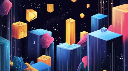 Abstract digital art of colorful geometric shapes and structures floating in space.