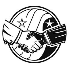 Two business people shaking hands in agreement within a circular emblem featuring stars and stripes