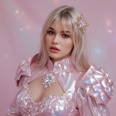 Beautiful young blonde woman in fantasy shining iridescent outfit. Fashion, fabulous style. Fairy style.