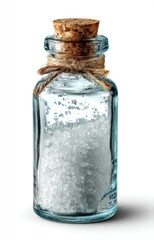 Small, light-blue glass bottle with a light-brown cork and twine, filled with white crystals