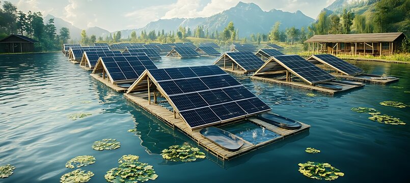 Solar panels floating on lake water renewable energy innovation sustainable power generation clean technology