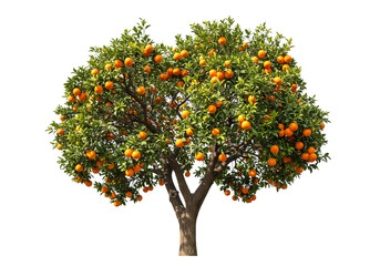 Fototapeta premium Lush orange tree laden with ripe citrus fruit ready for harvest against a clean white backdrop