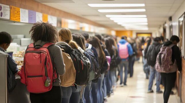 Long line of students with backpacks waiting in a school cafeteria, viewed from behind in a bright hallway, capturing the busy lunch rush and campus atmosphere.