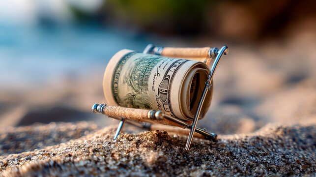 Rolled US dollar resting on a tiny beach lounger in the sand, seaside bokeh suggesting vacation savings, travel budget, and financial freedom.