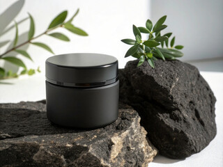 Minimalist Black Cosmetic Jar with Green Plant on Volcanic Rock