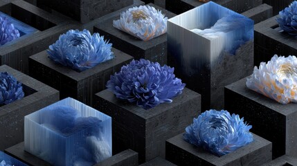 Abstract floral arrangement with blue and white flowers in geometric black containers