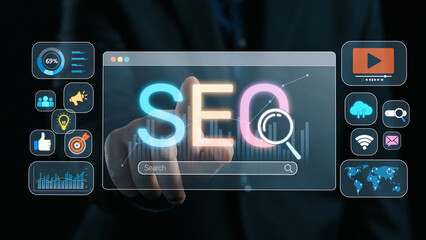 SEO concept for improving SEO visibility, with SEO related digital tools and SEO performance icons shown in an focused layout for strategic marketing. Elide