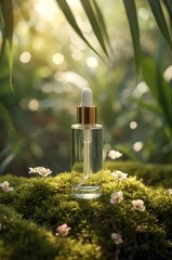 Glass dropper bottle for skin care on green forest background. Mockup for cosmetic products.