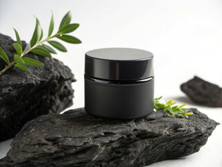 Minimalist Black Cosmetic Jar with Green Plant on Volcanic Rock