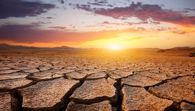 arid landscape with deep cracks in the parched earth at sunset